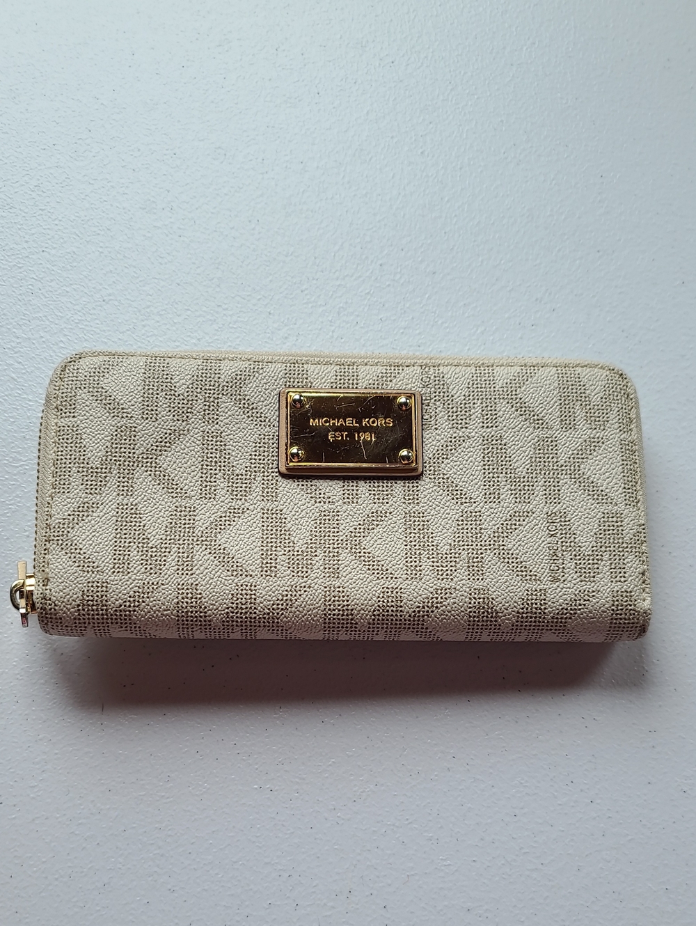 Michael Kors Beige Logo Zip Wallet with Gold Plaque